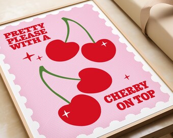Pretty Please With a Cherry on Top Wall Print | Pink and Red Cute