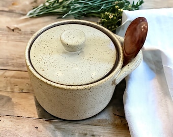 Handcrafted Speckled Ceramic Salt Cellar & Sugar Container Set with Lid and Spoon - Vintage Style Kitchenware | Unique kitchen Decor