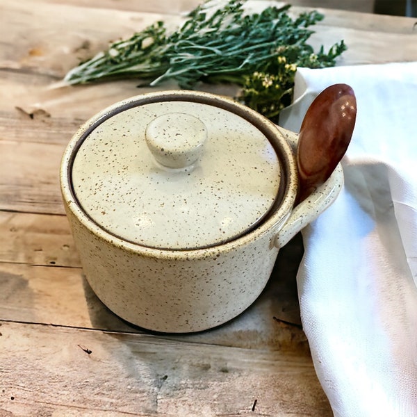 Ceramic Salt Cellar with Lid and Spoon - Speckled Vintage Style