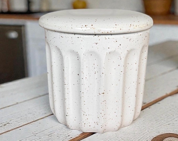 Vintage French Ceramic Butter Keeper - Speckled White Butter Crock