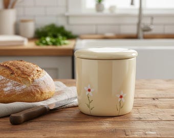 Beige Floral Ceramic French Butter Keeper Crock – Countertop Dish for Soft Spreadable Butter Holder