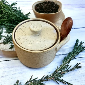Wedding  Gift Ceramic Salt Cellar, Spice, Sugar Cellar with Wooden Spoon - Vintage-Style Found Look