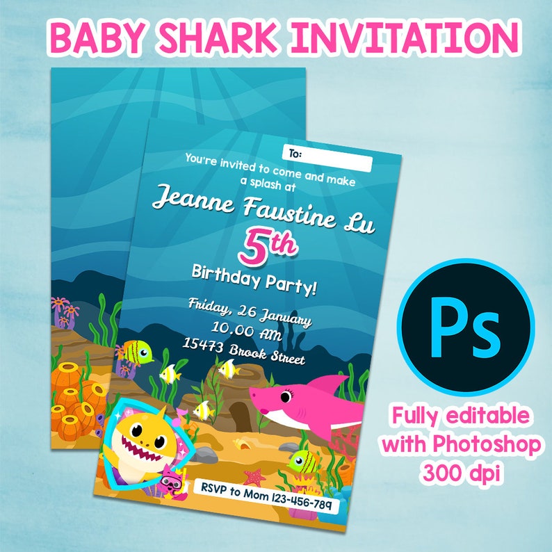 Baby Shark Birthday Invitation Girl Baby Shark Invitation Etsy