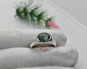 Anillo de sello de plata de ley con ágata musgosa natural para hombre, diseño minimalista con piedras preciosas.