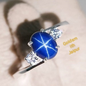 Vintage Blue Star Sapphire  Ring, Lindy Star Ring, 925Sterling Silver, Oval Cabochon Star Gemstone, Engagement Ring, Mother Day Gift.