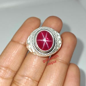 Handmade Lab Star Ruby Signet Ring, 925 Sterling Silver