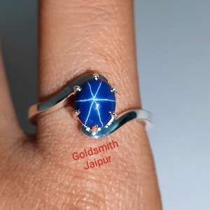 Blue Star Sapphire Ring, 925 Sterling Silver, Star Gemstone , Lindy Star Ring, Oval Cabochon Sapphire, Blue Lindy Sapphire Ring, Women Ring