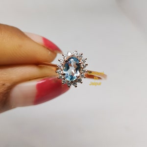 14k Rose  Gold Aquamarine Ring, Halo Blue Gold Aquamarine Ring, Engagement Ring, Promise Ring,  March Birthstone, Anniversary Gift For her