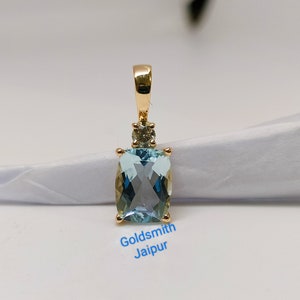 14k Yellow Gold Aquamarine Pendant, Natural Aquamarine Pendant, Minimalist Pendant Necklace, Art Deco Aquamarine Pendant, Christmas Gift.