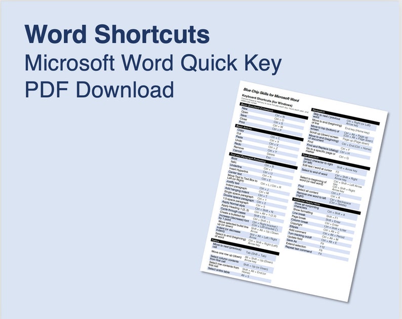 Word Quick Keys Cheat Sheet for Windows Downloadable 8.5 X 11 PDF Etsy