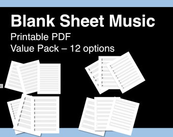 Blank sheet music package - blank, treble and bass, printable 8.5 x 11 downloadable PDFs - for piano, organ, or any instrument