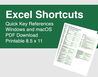 Könnte beinhalten: Eine grüne und weiße Grafik mit dem Text "Excel Shortcuts" in großen weißen Buchstaben. Unter dem Titel steht der Text "Quick Key References Windows and macOS PDF Download Printable 8.5 x 11". Die Grafik enthält auch eine Tabelle mit einer Liste von Tastenkombinationen für Microsoft Excel.