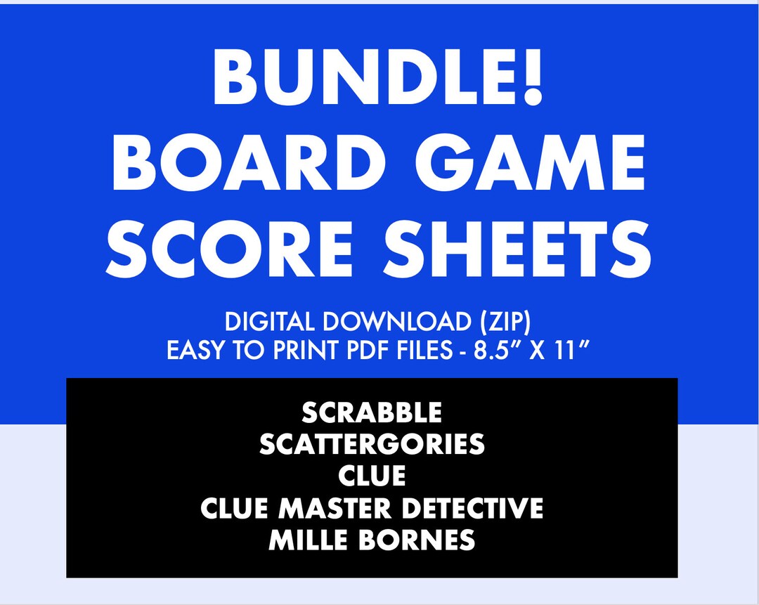 Board Game Score Sheet Bundle - Clue, Scrabble, Scattergories, Mille ...