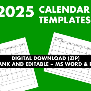 2025 Calendar digital templates download - A4 and 8.5 x 11 inch MS Word and PDF editable calendar templates