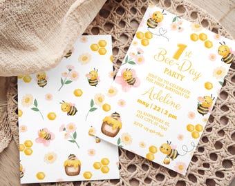 Modèle d'invitation d'anniversaire pour le premier jour des abeilles, invitation de fille imprimable (téléchargement numérique)