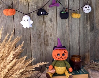 Halloween Crochet Pattern – 2 in 1 Mr. Pumpkin Doll & Garland with Ghost, Spider, Witch Hat, Skull