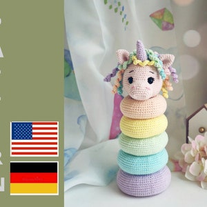 Unicorn stacking crochet pattern, crochet ring tower, sorting toy
