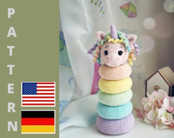 Unicorn stacking crochet pattern, crochet ring tower, sorting toy