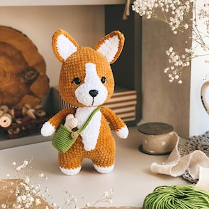 Crochet pattern corgi dog toy, amigurumi pet, puppy toy