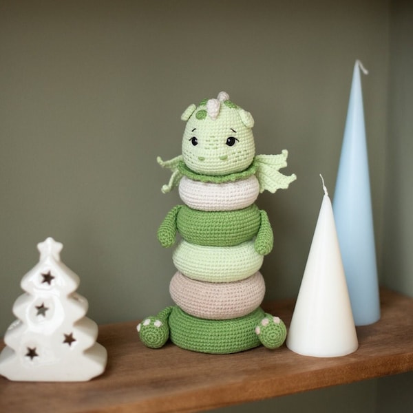 Dragon stacking crochet pattern, crochet ring tower, sorting toy