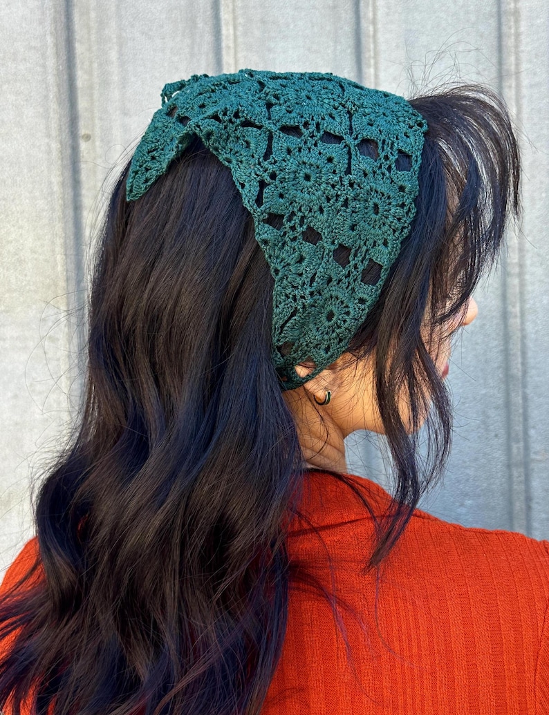 May include: A dark green crochet bandana headband