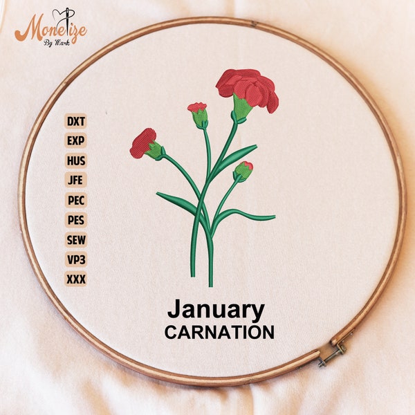 Embroidered Carnation Flower Digital File, January Floral Machine Embroidery Design, Birth Month Flower, Dst Pes Exp Files, Instant Download
