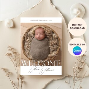 Modelo de anúncio de nascimento editável – Cartão de bebê para impressão, download instantâneo, personalizável, design estético, perfeito para novos pais
