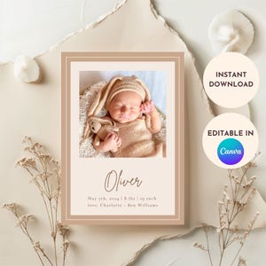 Modèle modifiable de faire-part de naissance : carte de visite imprimable, téléchargement immédiat, personnalisable, design esthétique, parfait pour les nouveaux parents