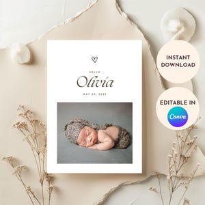 Modelo de anúncio de nascimento editável – Cartão de bebê para impressão, download instantâneo, personalizável, design estético, perfeito para novos pais