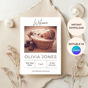 Modelo de anúncio de nascimento editável – Cartão de bebê para impressão, download instantâneo, personalizável, design estético, perfeito para novos pais