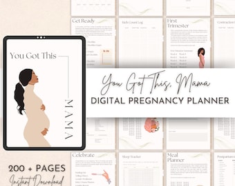 Puede incluir: Un planificador de embarazo digital con el texto "You Got This, Mama" y "200+ Páginas Descarga Instantánea". El planificador incluye secciones para llevar un registro del peso, las patadas, las contracciones, el sueño, las comidas y mucho más. La portada presenta una ilustración estilizada de una mujer embarazada.