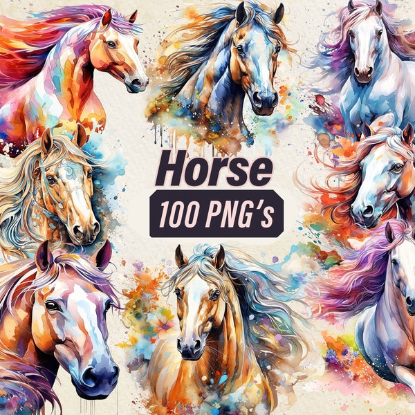 Watercolor Horse Clipart Bundle - 100 PNG's, Magical Enchanting Horse Illustrations, Animals in the Nature, PNG's, Commercial Use