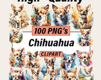 Aquarell-Chihuahua-Clipart-Paket – 100 verspielte Hundegrafiken, PNG-Dateien (Digitaler Download)