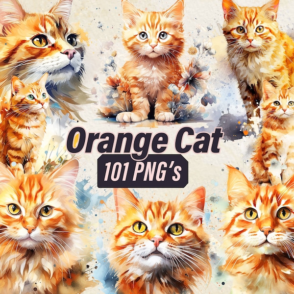 Watercolor Orange Cat Clipart Bundle - 101 PNG's, Animal Clipart, Cat Lover, Scrapbooking, Cute cat Stickers, PNG's, Commercial Use