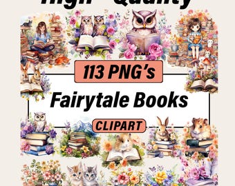 May include: A digital collection of 113 PNGs titled High-Quality Fairytale Books CLIPART. The image features various watercolor-style illustrations of animals like owls, rabbits, kittens, and hamsters interacting with open books, flowers, and stacks of books.