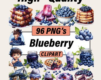 Watercolor Blueberry Clipart Bundle – 96 Refreshing Summer PNGs (Digital Download)