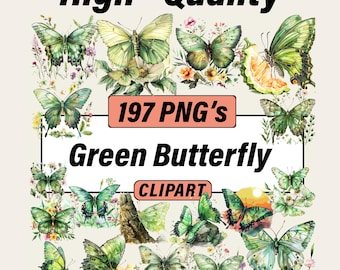 May include: A digital collection of green butterfly clipart featuring various watercolour-style illustrations of butterflies with green wings, floral elements, and foliage. The text reads High-Quality, 197 PNG's, Green Butterfly, and CLIPART.