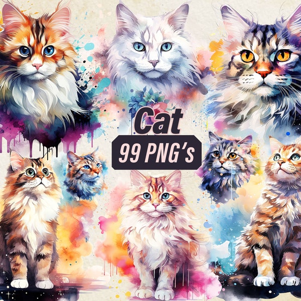Watercolor Cat Clipart Bundle - 99 PNG's, Animal Clipart, Cat Lover, Scrapbooking, Cute cat Stickers, Colorful Printables, Commercial Use
