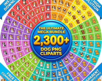 Peut inclure: Un graphique circulaire présentant une grille codée par couleur de diverses illustrations de chiens. Le cercle bleu central affiche le texte THE ULTIMATE MEGA BUNDLE 2,300+ DOG PNG CLIPARTS. Les coins incluent le texte INSTANT DOWNLOAD, ULTRA HIGH RESOLUTION, FREE FOR COMMERCIAL USE et TRANSPARENT BACKGROUNDS (PNG).