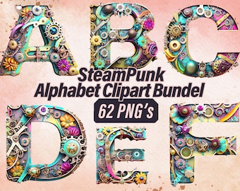 Steampunk Alphabet Clipart Bundel 62 PNG transparente Formato de imagen digital para descarga instantánea para uso comercial, Scrapbook, Junk Journal