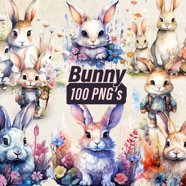 Watercolor Bunny Clipart Bundle - 100 PNG's,  Adorable Rabbits, Cute Bunny Enchanted Fairytale Style, Colorful Printables, Commercial Use