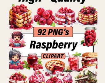 May include: A collection of 92 PNG raspberry clipart images featuring waffles, cakes, pancakes, a jar of berries, a child, jam, a pie, a drink, a sandwich, a cupcake, a donut, ice cream, and a fruit stand, with the text High-Quality 92 PNG's Raspberry CLIPART.