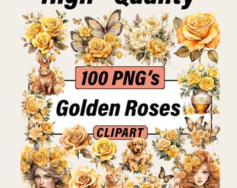 Watercolor Golden Roses Clipart – 100 PNG's Fairy Floral Graphics Bundle (Digital Download)
