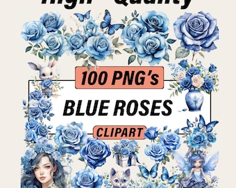 Watercolor Blue Roses Clipart Bundle – 100 PNG's Floral Graphics, Leaves (Digital Download)