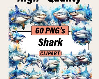Watercolor Shark Clipart Bundle – 60 PNG Oceanic Graphics (Digital Download)
