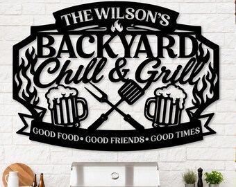 Custom Chill & Grill Metal Sign, Custom Backyard Sign, Custom Grill Sign, ,Personalized Backyard Bar Decor, Custom Backyard BBQ Metal Sign