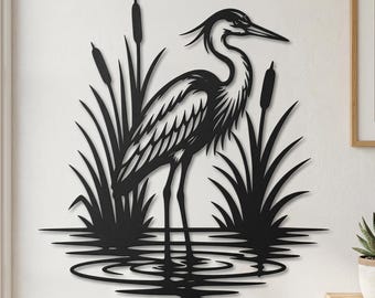 Heron Wall Art, Heron Pond Wall Art, Large Heron Bird Wall Decor, Lake House Wall Decor, Outdoor Lake House Wall Art