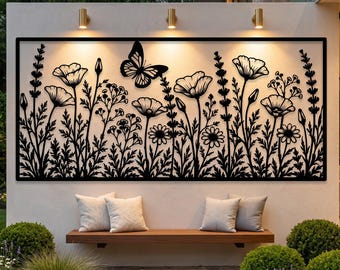 Wildflower Metal Wall Art, Flowers Outdoor Wall Decor, Butterfly Garden Wall Decor, Flowers Outdoor Wall Decor, Patio Porch Wall Panel