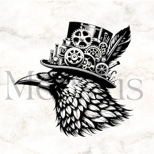 May include: A black and white illustration of a raven wearing a top hat with gears and other steampunk elements.