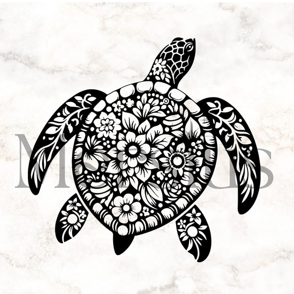 Floral Sea Turtle Svg, Sea Turtle Svg, Cute Sea Turtle Svg, Mandala Animal Svg, Turtle With Flowers, Sea Turtle Clipart, Baby Turtle Svg